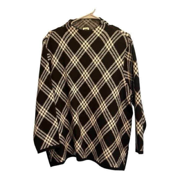 Anne Klein Black & Ivory Plaid Mock Neck Sweater Woman XL Viscose Blend NWOT - Picture 1 of 12